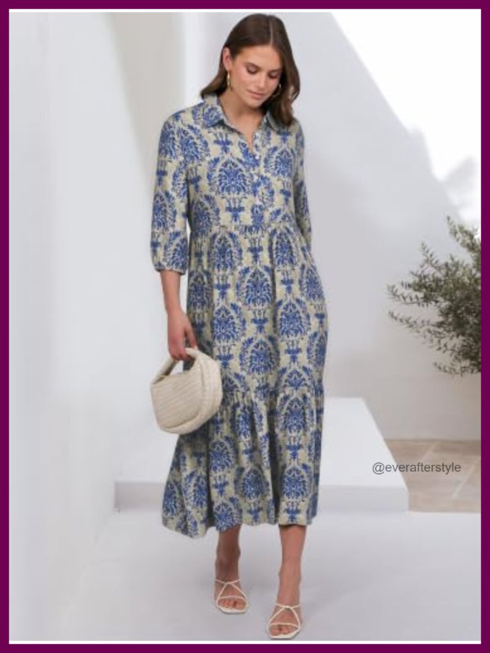 Women's Floral Maxi Dress 3/4 Puff Sleeve V-Neck 100% Rayon Boho - Picture 2 of 6